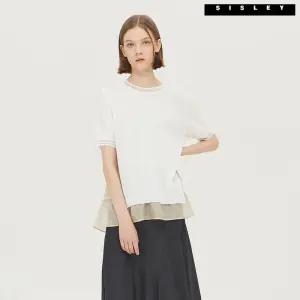 시슬리 아울렛 텐셀 배색 반팔 니트 SAKP51141 WH1248998