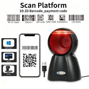 2D 데스크탑 바코드 스캐너 전방향 핸즈프리 유선 USB 대형 리더기 1D QR 화면 스캔