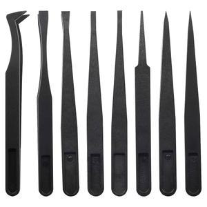 본시코키 8Pcs 정밀 플라스틱 핀셋, 4.5-4.8인치 검은색)을 세트, 직선형 공예품 시계 및 방지 제작(114-123mm, 팁 수리, 정전기 위한 전자 핀셋 조립, 곡선형