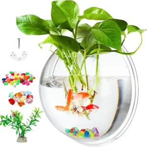 WUWEOT 매달린 어항 9인치 아크릴 벽걸이 0.5갤런 수경 재배 공기 식물 화분 가짜 다채로운 돌이 있는 투명