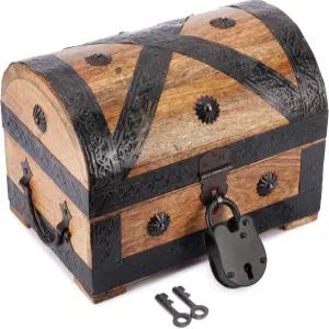 열쇠와 자물쇠가 있는 아주니 나무 해적 보물 상자 쉘 스트립 인레이가 수작업 유품 정리함 보석 장신구 및