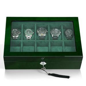 남성 SYENS 시계 상자 10개 보관 정리함 케이스 스마트 디스플레이 부드러운 스웨이드 인테리어의 그린 우드 대형 유리창 여성 선물 (10W-GR)