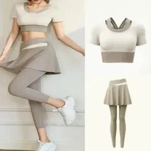 필라테스복 요가 필라테스 헬스 치마레깅스 반팔 브라탑 세트