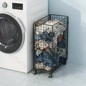 AG01 바퀴 달린 이동식 빨래바구니 세탁실 다용도실 철제 접이식