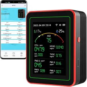 실내 공기질 모니터 - HCHO CO2 PM TVOC AQI 온도 및 습도 실시간 디스플레이 앱 제어 휴대용 가정 사무실