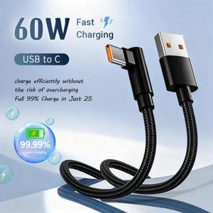 60W USB 타입-C 90 ° 삼성 샤오미 화웨이 원플러스 안드로이드 기기용 고속 충전 케이블 각도형 코드