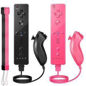 휴일용 실리콘 케이스와 손목 스트랩이 있는 PGYFDAL Wii 컨트롤러 2팩, 리모컨, 넌척 조이스틱 (블랙 및 핑크)