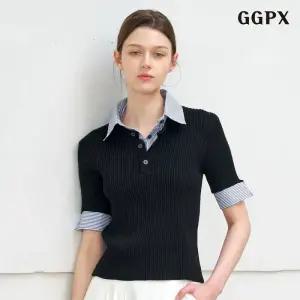 스트라이프 배색 카라넥 슬림핏 반팔 니트 GQBKT010D 1253188