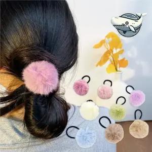 부드러운 밍크 털 방울 헤어 묶음 로우번 머리고무줄 머리방울 헤어끈 로우번머리끈