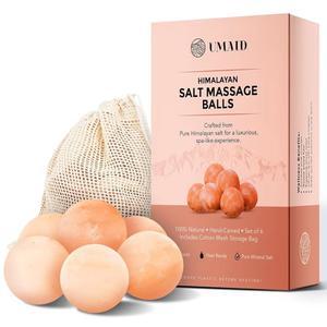 UMAID 히말라야 소금 마사지 볼 6팩, 코튼 메쉬 백, 뜨겁고 차가운 근육 , 이완 및 스파 마사지를 위한 천연 테라피 스톤, 전자레인지로 따뜻하게 또는 냉동실에서 식히기