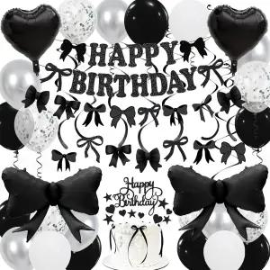 블랙 보우 생일 장식 축하 배너 화환 및 매달기 소용돌이 28개 풍선 케이크 토퍼 소녀 여성을 위한 테마