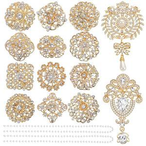 14개 크리스탈 플라워 브로치 핀 세트 골드 진주 웨딩 부케 여성 DIY 공예 파티용