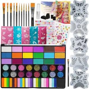 42 컬러 페이스 페인팅 키트 스텐실 브러시 스펀지가 된 무독성 워터 활성화 바디 페인트 세트 할로윈 생일
