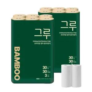 그루 프리미엄 밤부 천연펄프화장지 3겹 30m 30롤 3팩+키친타월 100매 2롤