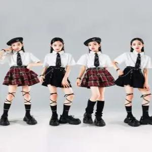 주니어 교복 방송 댄스복 아동 여아 초등학생 체크 넥타이 댄스의상 걸스힙합