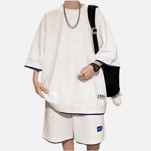 TLB 남성용 와플 텍스처 오버핏 반팔 반바지 세트 레이어드