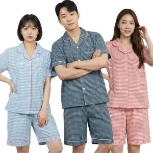 잔체크 잠옷세트 카라 반팔 여성 남성 파자마 한벌 커플 홈웨어 실내복 상하의 세트