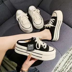 프린팅 뮬 라벨지 통굽 키높이 여성 스니커즈-WFFPMVQ