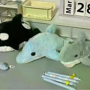 1개 학생 문구 귀여운 플러시 돌고래 상어 필통 학교 용품 카와이 인형 백투스쿨 수납 가방 펜