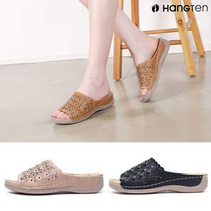 행텐 HT-C107 여성 큐빅 자수 웨지 슬리퍼 폭신한 쿠션감 편안한 키높이 통굽 샌들 슬라이드