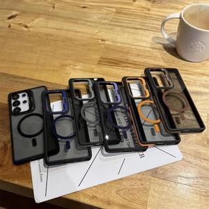 갤럭시 삼성 S25 S24 S23 S26 울트라 플러스 FE용 맥세이프 마그네틱 메탈 렌즈 보호 스탠드 케이스, 충격