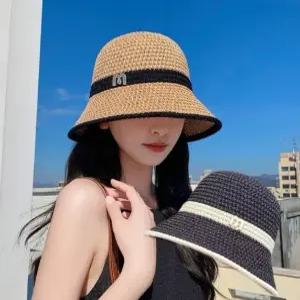 M로고 라탄 벙거지 봄 여름 버킷햇 여성 모자 왕골 벙거지 여름 라탄 모자 여성 여자 버킷햇