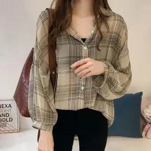 [JED] 시스루 체크 일반핏 셔츠블라우스 퍼프소매