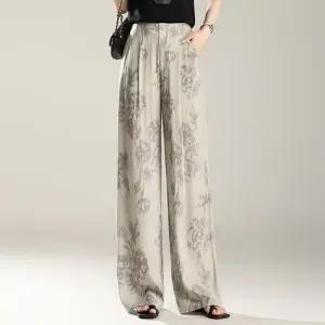 여름 빈티지 캐주얼 바지 여성용 슬랙스 프린트 린넨 와이드 프렌치 슬림핏 일자 통굽슬리퍼 OP2