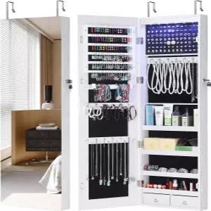 GISSAR 전신 거울 주얼리 캐비닛 문 위에 설치된 6개의 LED 아모아르 벽 잠금 가능한 흰색 조명이 있는