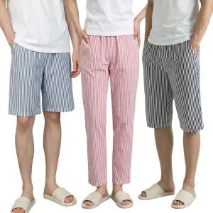줄무늬 주머니 잠옷 바지 5부 7부 9부 남성 여성 스트라이프 파자마 커플 홈웨어 하의