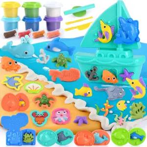 동물 곰팡이와 함께하는 오션 컬러 도우 키트 감각 놀이를 위한 세트 아래 보트 고래상어 게살 낚시 도구