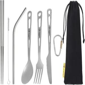 실버란트 티타늄 캠핑 플랫웨어 스팍 스푼 젓가락 나이프 빨대 식기 세트 도시락 야외 및 하이킹용 휴대용