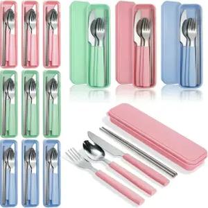 캠핑 도시락 피크닉을 위한 케이스 휴대용 스테인리스 스틸 식기 세트 나이프 포크 숟가락 젓가락이 포함된