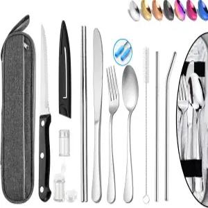 휴대용 재사용 가능한 여행 도구 케이스 포함 실버웨어 캠핑용 식기 세트 젓가락 및 빨대 플랫웨어