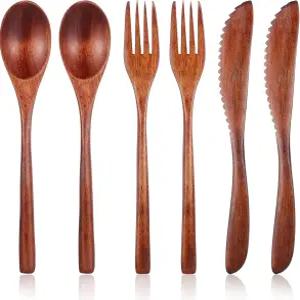 DOPENSPI 6PCS 식사용 나무 식기 난무 재사용 가능한 숟가락 포크 스크래퍼 세트 일상 가족 가정 여행