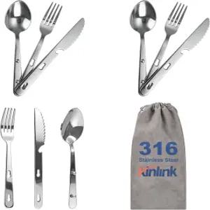 파우치 포함 여행 도구 휴대용 스테인리스 스틸 스푼 포크 나이프 병따개 콤보가 4-in-1 실버웨어 세트 3팩