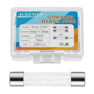 아우케니엔 T 6A 250V 슬로우 블로우 유리 퓨즈 T6AL T6AL250V 6x30mm 카트리지 튜브 시간 지연 (10개입)