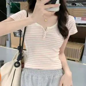 여자 여름 슬림핏 크롭 스트라이프 반팔 티셔츠