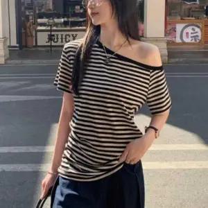 ( )여성 여름 휴양지 오프숄더 스트라이프 반팔 티셔츠