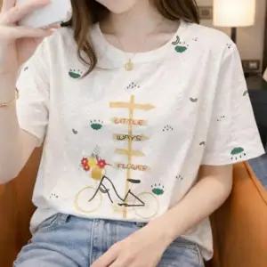 여성 여름 외출 데일리 귀여운 자수 포인트 반팔 티셔츠 캐릭터 면티