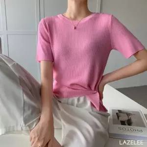 레이즐리 핑크 언발 랩 골지 반팔 티셔츠 여성 라운드 니트 봄 여름 무지 여성티셔츠 여성봄티셔츠 언발
