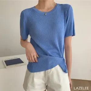 레이즐리 블루 언발 랩 골지 반팔 티셔츠 여성 라운드 니트 봄 여름 무지 여성티셔츠 여성봄티셔츠 언발