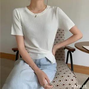 레이즐리 화이트 언발 랩 골지 반팔 티셔츠 여성 라운드 니트 봄 여름 무지 여성티셔츠 여성봄티셔츠 언발