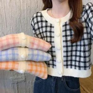 여성미니체크가디건 봄가을가디건 여자가디건 여자숏가디건 컬러 미니 체크 가디건 긴팔 니트 크롭 여성 봄