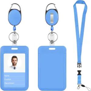 신분증 배지 홀더 및 접이식 릴 클립 릴리스 버클이 있는 랜야드 키 카드 네임택 프로텍터파란색 투명