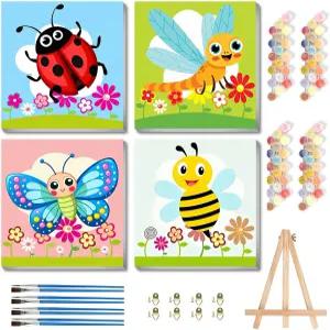 프레임 나무 이젤을 사용하는 를 위한 블레이험 4팩 페인트 키트 쉬운 귀여운 곤충 DIY 릴 오일 페인팅