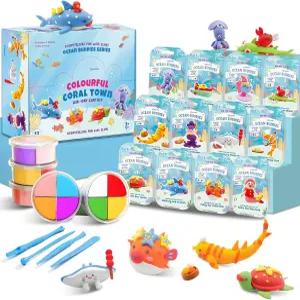 오션 버디즈 에어 드라이 클레이 키트 4가지 색상과 조각 도구가 된 2가지 해양 동물 모델 초경량 및