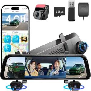 2026 4K 미러 대시캠 4채널 12인치 터치스크린 후방 뷰 카메라 4K+1080Px3 블랙박스 전방 인사이드 IR