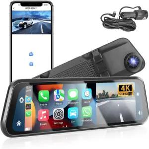 무선 카플레이 및 안드로이드 오토가 장착된 포도포 12인치 미러 대시 캠 IPS 터치스크린이 4K 전면 야간