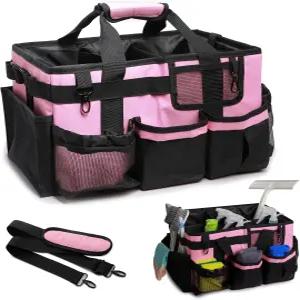 대형 청소 캐디백 손잡이 및 조절 가능한 어깨끈이 있는 용품 정리함 14.7인치 핑크 툴백 가정부용 가방